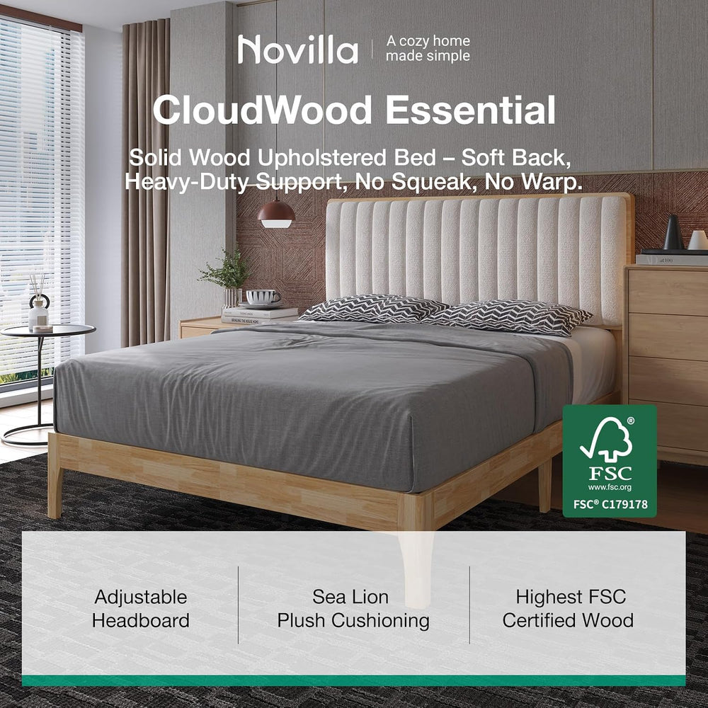 Novilla Queen Size Bed Frame with 3-Level Adjustable Upholstered Headboard