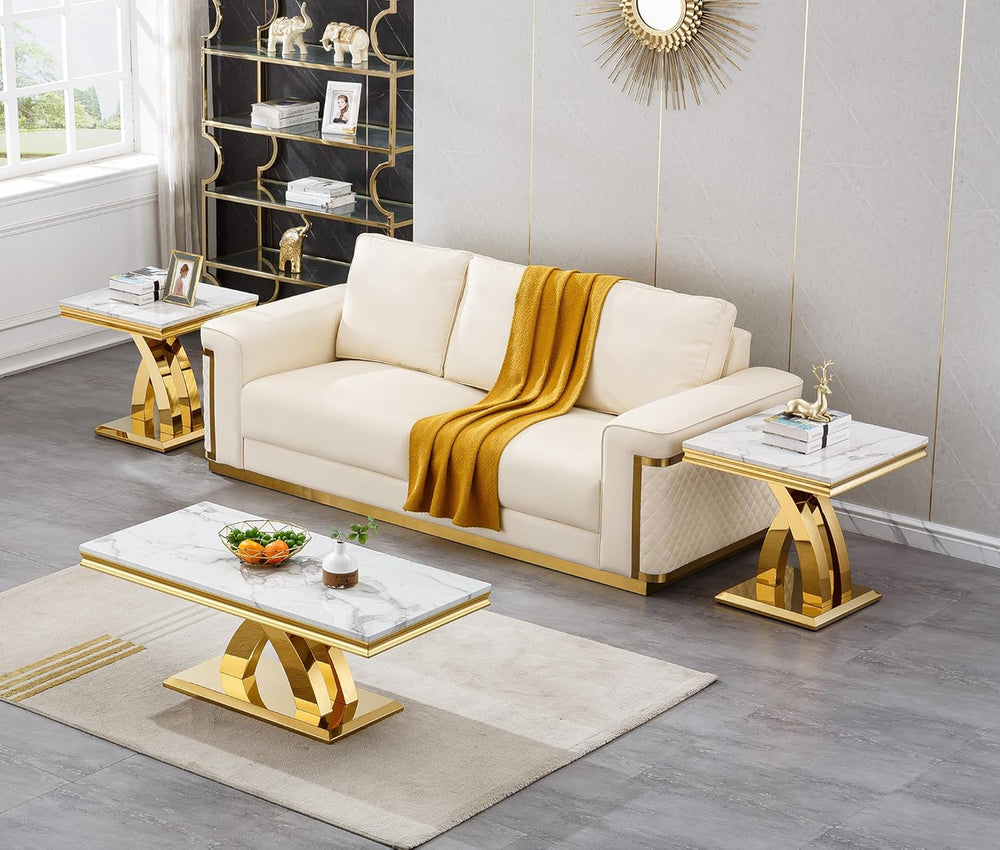 SSLine Modern White Faux Marble End Table Luxury Square Sofa Side Table with ...