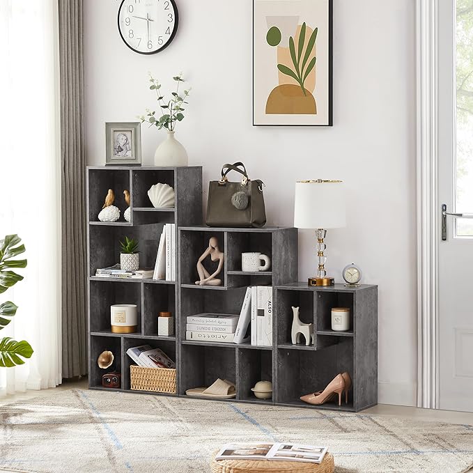 VECELO 5 Cube Modern Bookcases, 3 Tier Bookshelves, 31 Inch High Cubby Storage Organizer, Shelf Hight Up to 12.8 Inches Suit for Most Books, Vertical or Horizontal Use Available,Grey