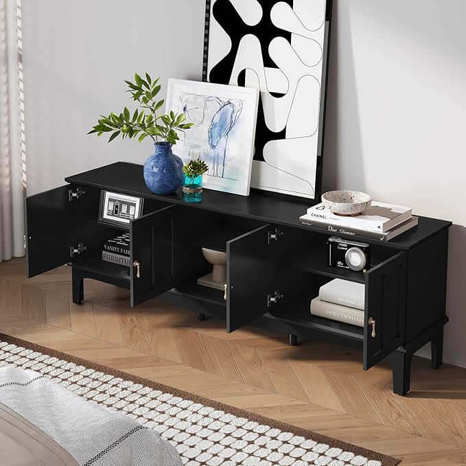 ARTPOWER 67“ Mid-Century Modern TV Stand for TVs up to 75”,Entertainment Center with Door Cabinets and Open Shelves,TV Console with Storage,Black Media Cabinet for Living Room,Bedroom
