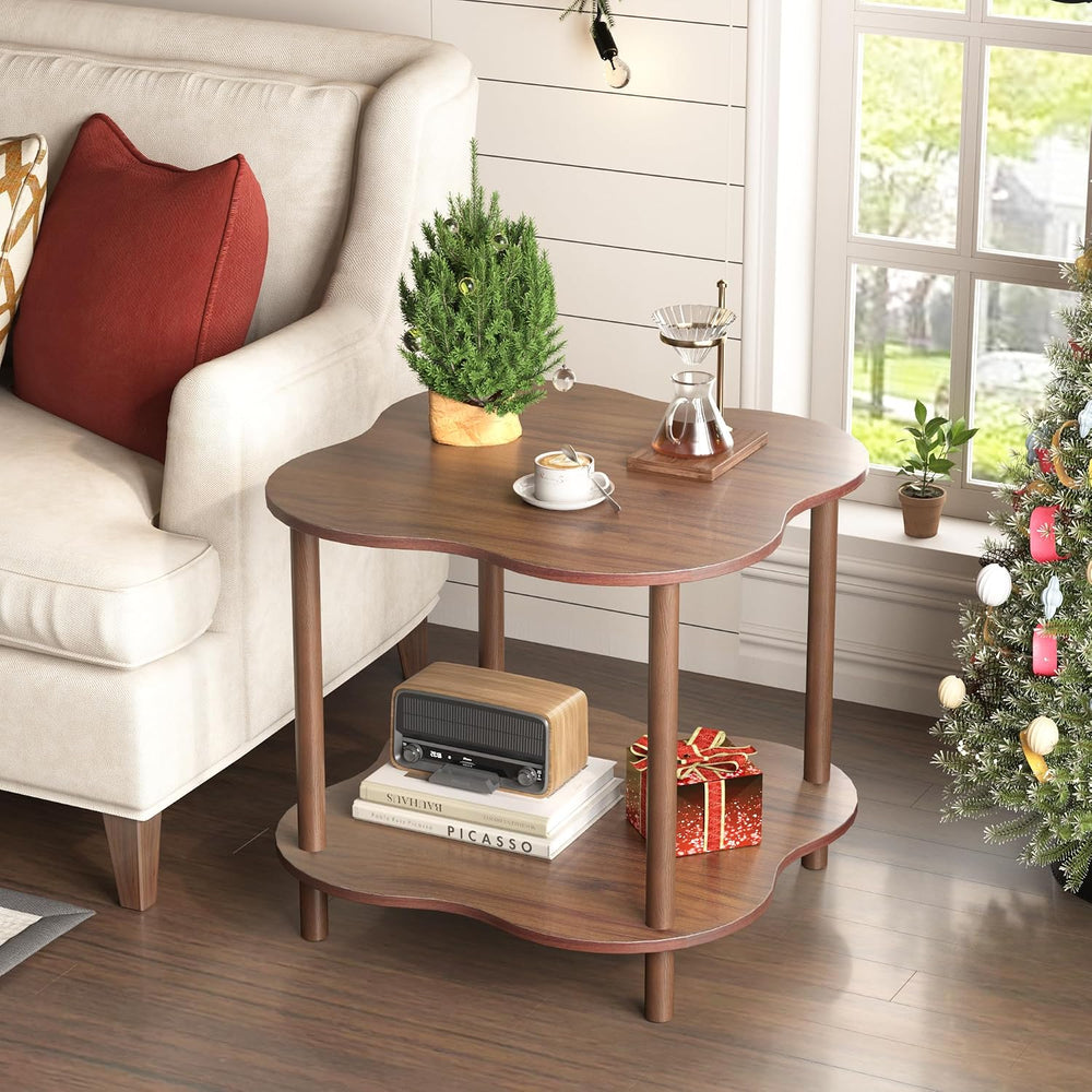Wood End Side Table with Storage Shelf, 2-Tier Flower Shaped Coffee Table for...