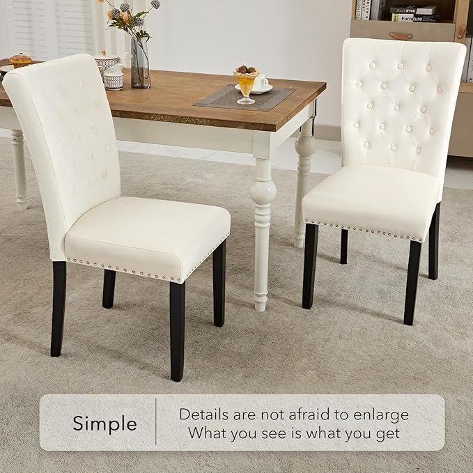 Velvet Dining Kitchen Chair Set of 2, Parsons Upholstered Dining Room Chair, Wood Accent Chair with Nailed Trim, Beige