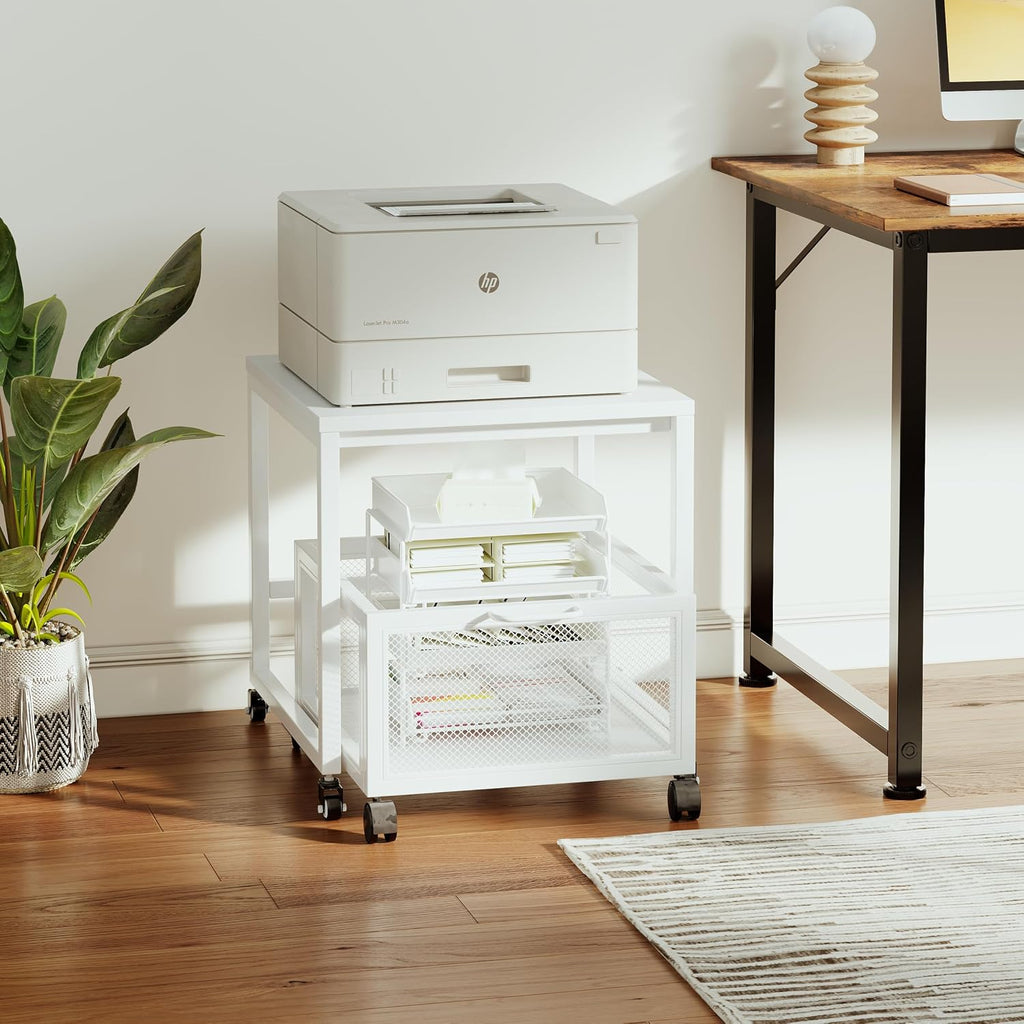 VERMESS End Table, 19.7" Mini Fridge Stand with Storage, Printer Stand with Storage Drawer, Rolling File Cabinet Cart with Wheels, Mobile Printer Beverage Fridge Table for Home Office Bedroom (White)