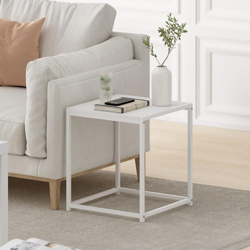 Furinno Camnus Side Table, White End Table with Metal Frame, Square Open Fram...