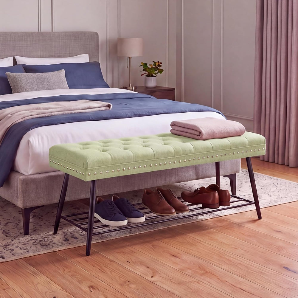 Thick Cushioned Shoe Bench, Entryway Bench with Metal Shoe Rack, Upholstered ...
