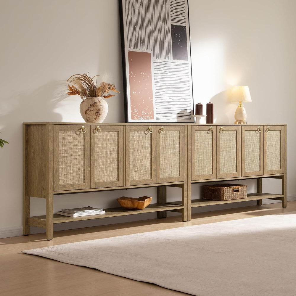 SICOTAS Boho Rattan 110" Long Sideboard Buffet Cabinet with Storage Doors