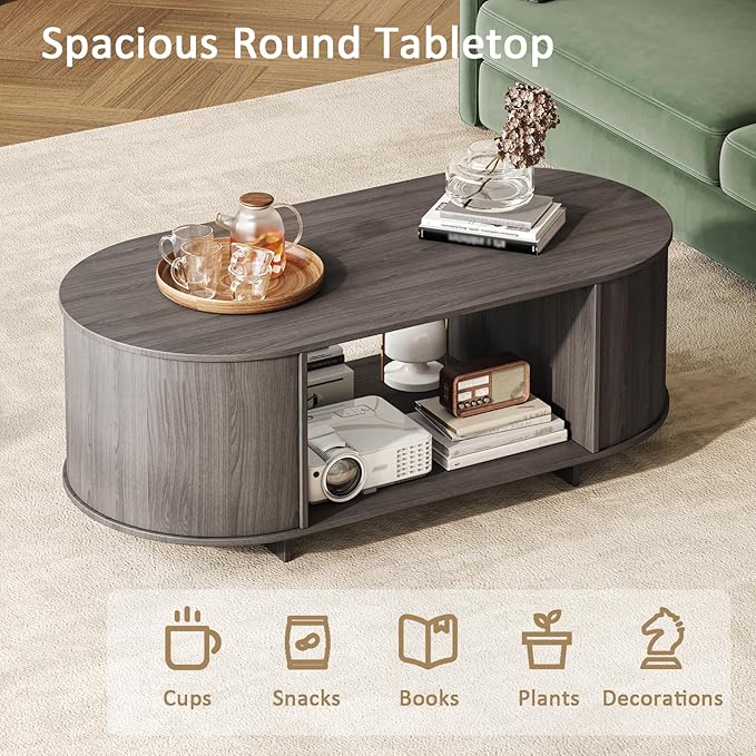 Coffee Table and TV Stand Set of 2,76.4'' Modern TV Console,Entertainment Center with 3 Drawers,Modern Oval Coffee Table with Storage, Wood Center Tables for Living Room, Bedroom, Home Office, Grey