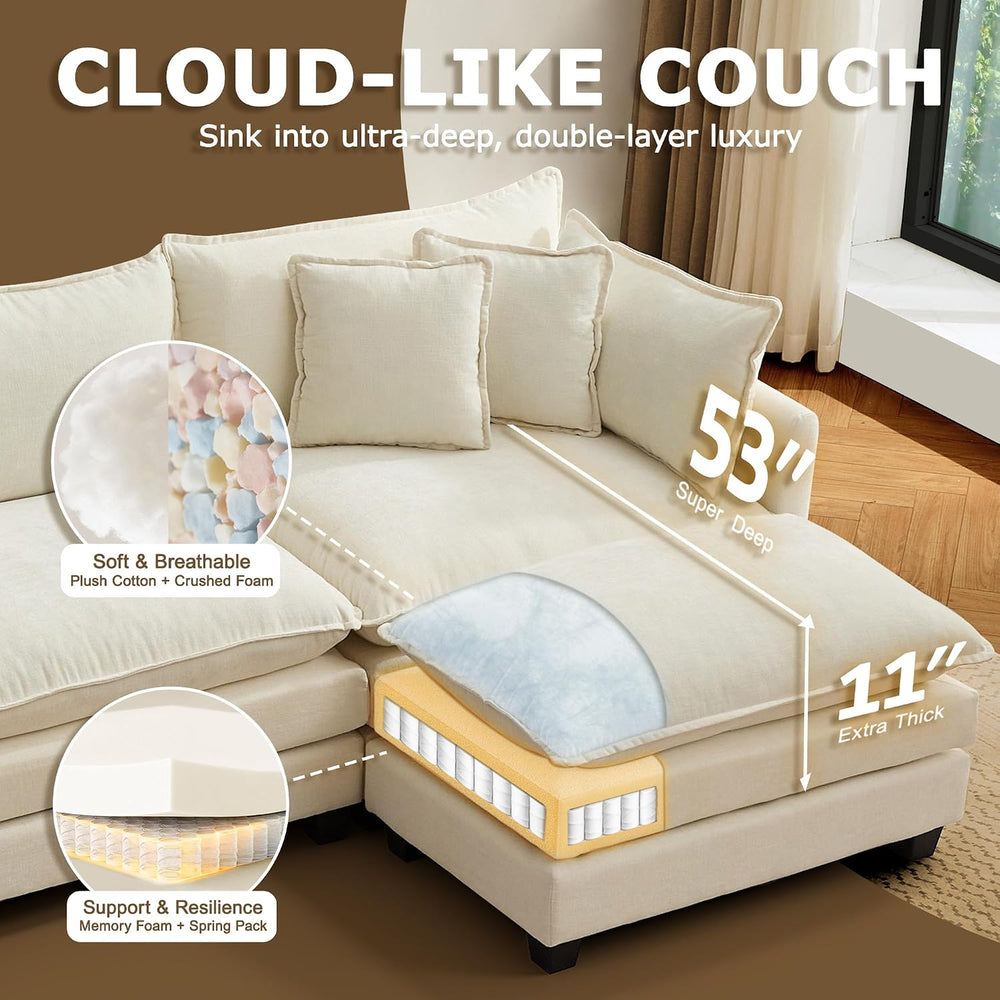 113" Modular Sectional Sofa, L Shaped Cloud Couch with Ottoman | Comfy C...