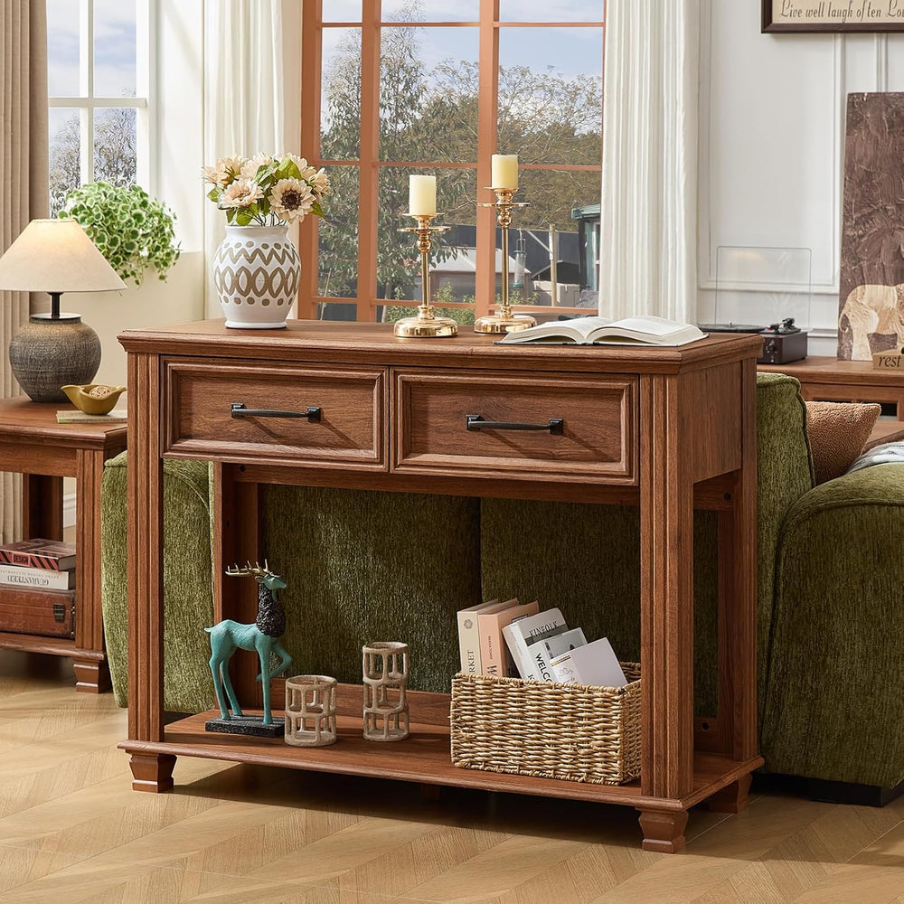 SAVOR LIFE 46" Farmhouse Console Table with Drawers, Brown Entryway Tabl...