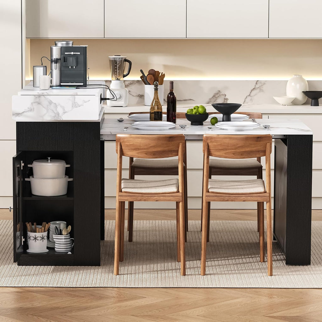 Quarte Kitchen Island with Extendable Table & Power Outlet Black | Kitchen island with extendable table,power outlet,2 drawers,storage cabinet,hooks,rolling wheels,bar table White Marble