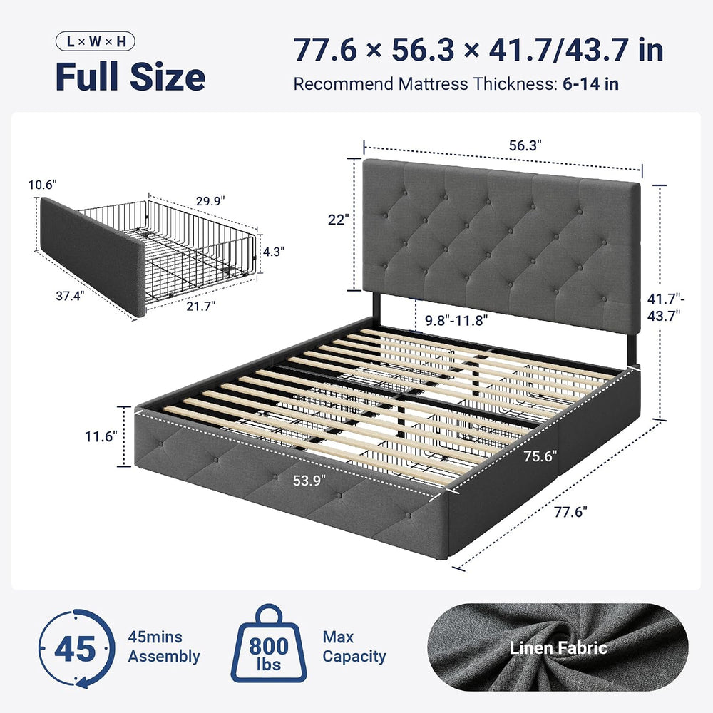 Allewie Full Size Storage Bed Frame with 4 Underbed Drawers, Light Grey