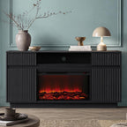 Fireplace TV Stand with 30" Electric Fireplace, Modern Fireplace Entertainment Center Fits TVs up to 70", Fluted Wood TV Console with Spacious Storage Cabinet for Living Room (Black)
