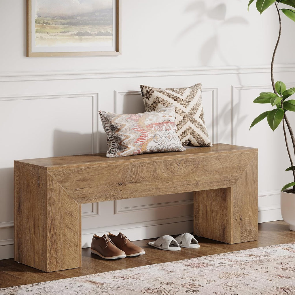 Tribesigns 47'' Wooden Entryway Bench, Farmhouse Entry Bench Seat, Indoor End of Bed Bench with Storage Capability for Living Room, Bedroom, Hallway, Easy Assembly, Natural Brown
