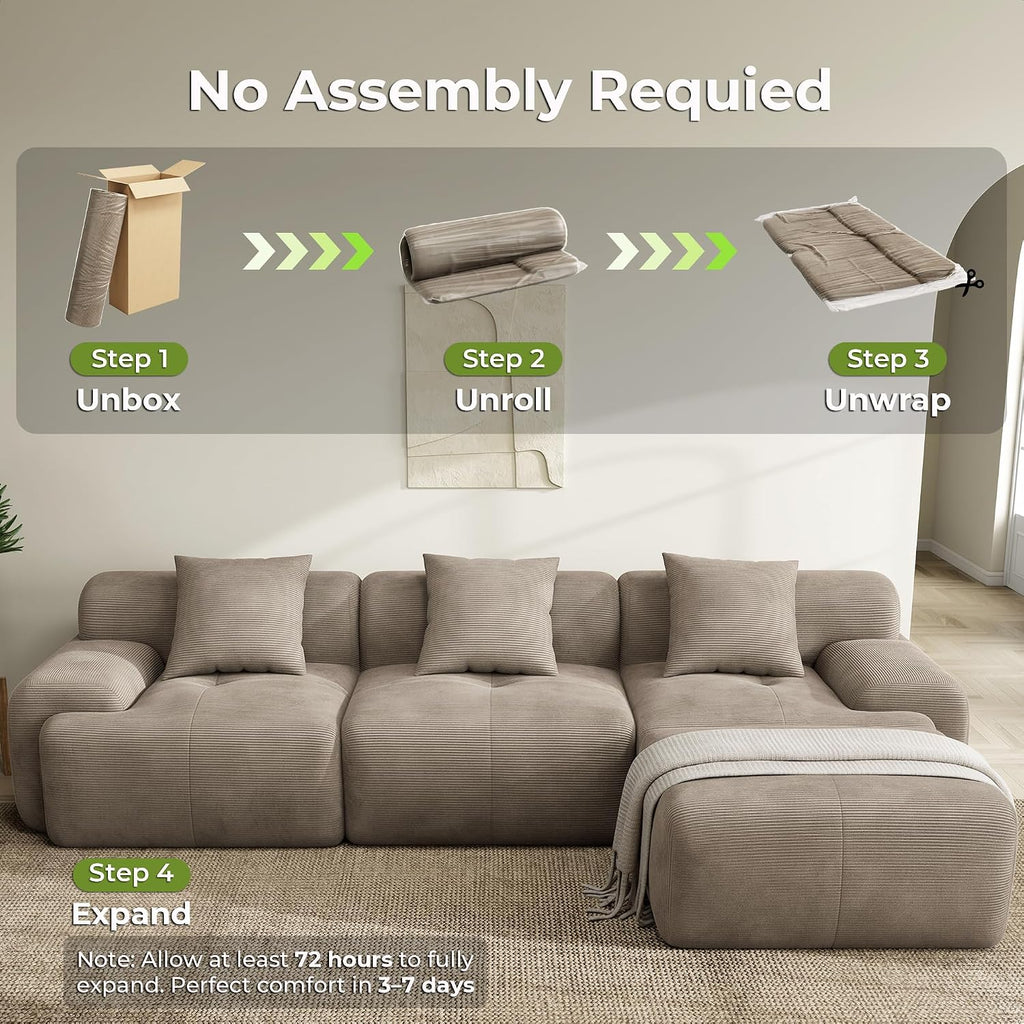 LIKIMIO LumiCord Modular Sectional Sofa with Ottoman, 118" L-Shaped Boneless Couch for Living Room, Oversized Deep Seat with Corduroy Upholstery, No Assembly Required, Light Brown