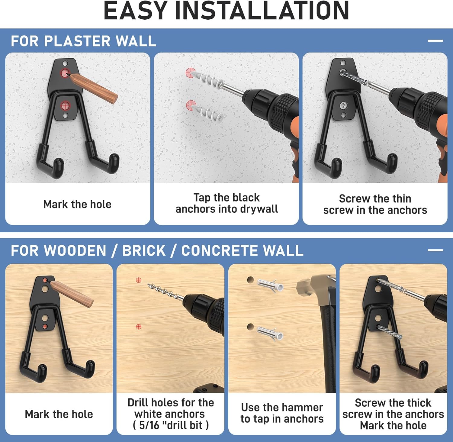 Garage Hooks with Anti-Slip Coating,Heavy Duty Wall Mount Storage Hooks for Hanging Bike,Hose,Ladder,Yard,Garden Tools (42 Pack Black)