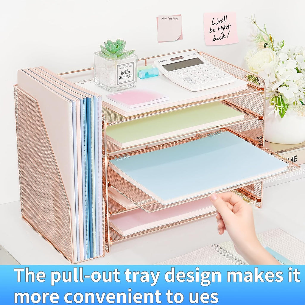 OPNICE 5-Tier Paper Organizer with Magazine Holder, Desk Organizers and Accessories, Office Desk Accessories & Workspace Organizers, Desktop File Organizer for Office Supplies Storage, Rose Gold