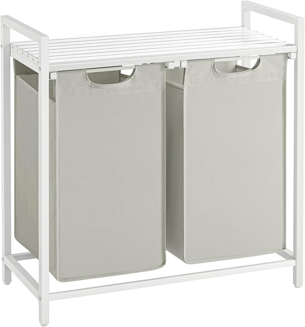 VASAGLE Laundry Hamper, Laundry Basket, Laundry Sorter with 2 Pull-Out and Removable Bags, Shelf, Metal Frame, 2 x 12.1 Gallons (46 L), 28.8 x 13 x 28.4 Inches, Cream White and Cloud White UBLH201W01