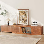 98 Inch TV Stands for Living Room, Wooden Extra Long TV Stand with Adjustable Shelf and Drawers, Flutted Extendable TV Console with Storage Cabinet, Warm Brown Oak (64.57" W-98.43" W)