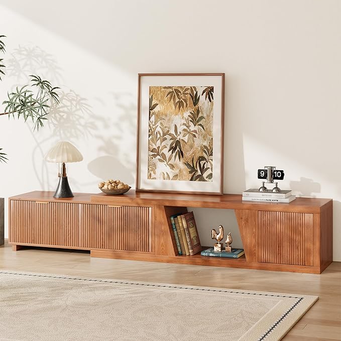 98 Inch TV Stands for Living Room, Wooden Extra Long TV Stand with Adjustable Shelf and Drawers, Flutted Extendable TV Console with Storage Cabinet, Warm Brown Oak (64.57" W-98.43" W)