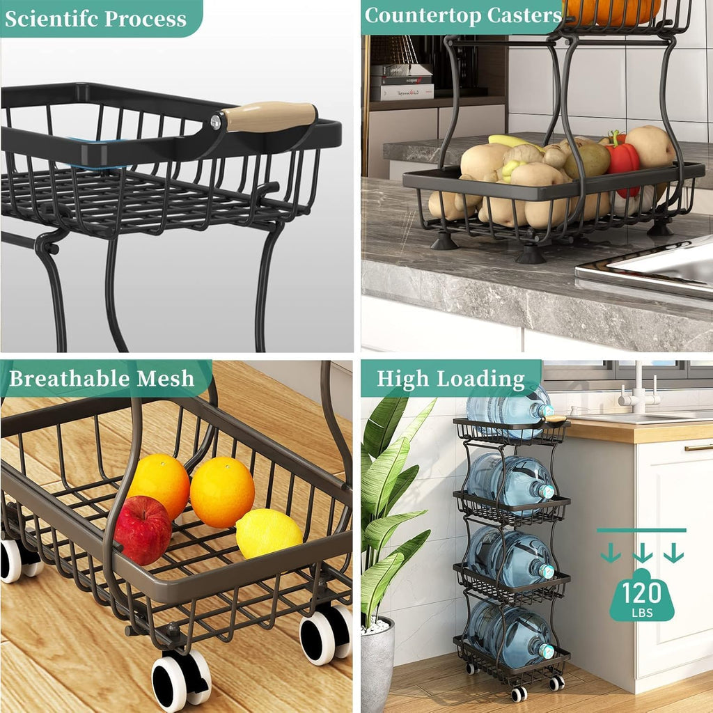 Stackable Fruit Vegetable Basket 4 Tier Kitchen Storage Rolling Cart | metal frame, 9.4“ width for small ppace, easy assembly, veggie rack for potato onion produce apple banana, move smoothly