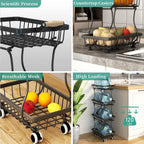 Stackable Fruit Vegetable Basket 4 Tier Kitchen Storage Rolling Cart | metal frame, 9.4“ width for small ppace, easy assembly, veggie rack for potato onion produce apple banana, move smoothly