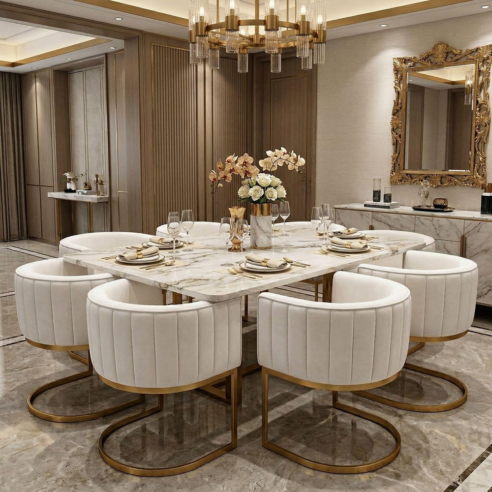 Hyfirm Beige and Gold Barrel Dining Room Chairs Set of 4, Modern Velvet Uphol...