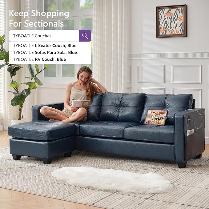 TYBOATLE 88" W Blue Faux Leather L Shaped Sectional Couches w/Side Pockets, Comfy Modular Convertible Sofas w/USB, Office Sofa Set with Chaise for Living Room, Bedroom (Blue, 3L)