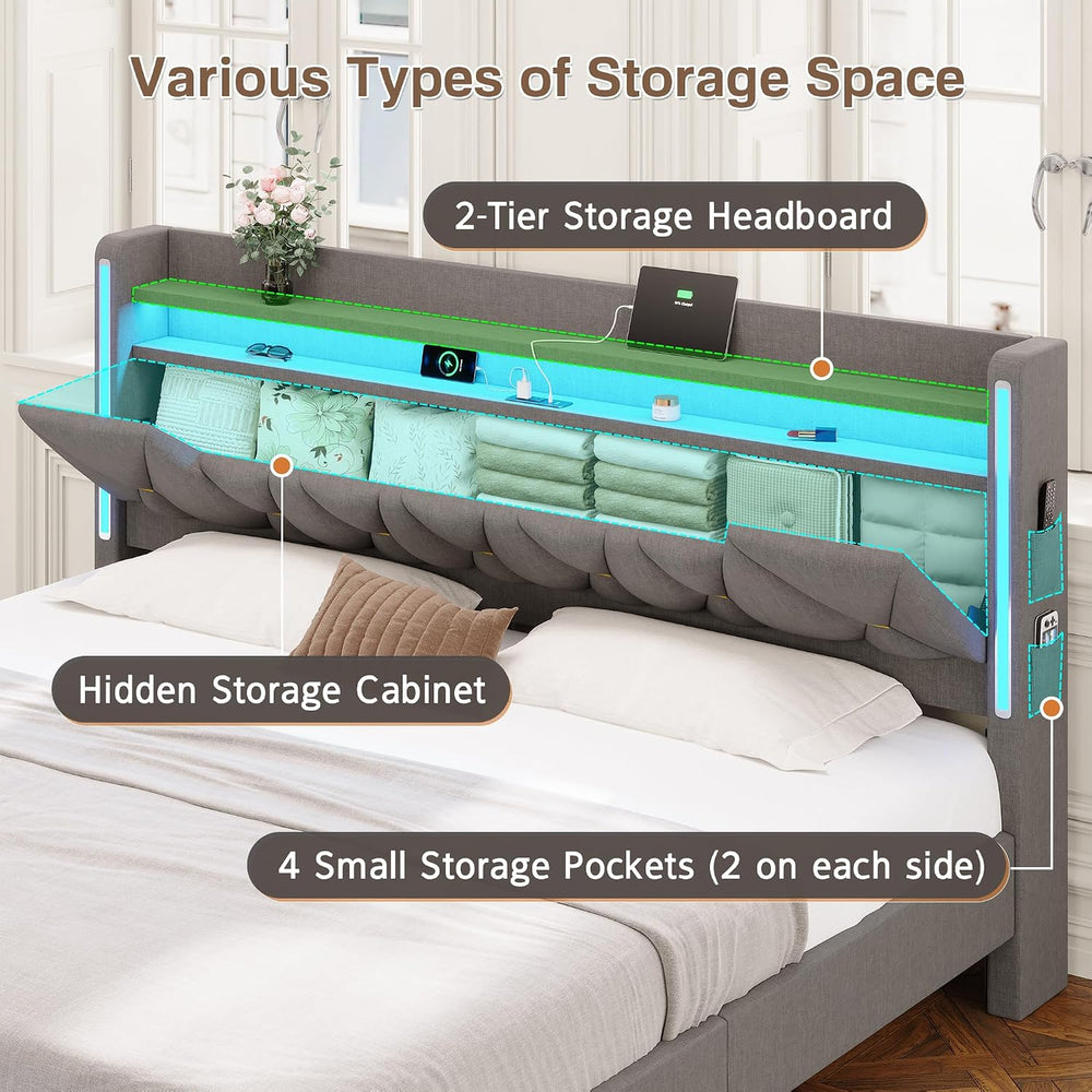 King Size Bed Frame with Marshmallow Headboard and Storage, Gray