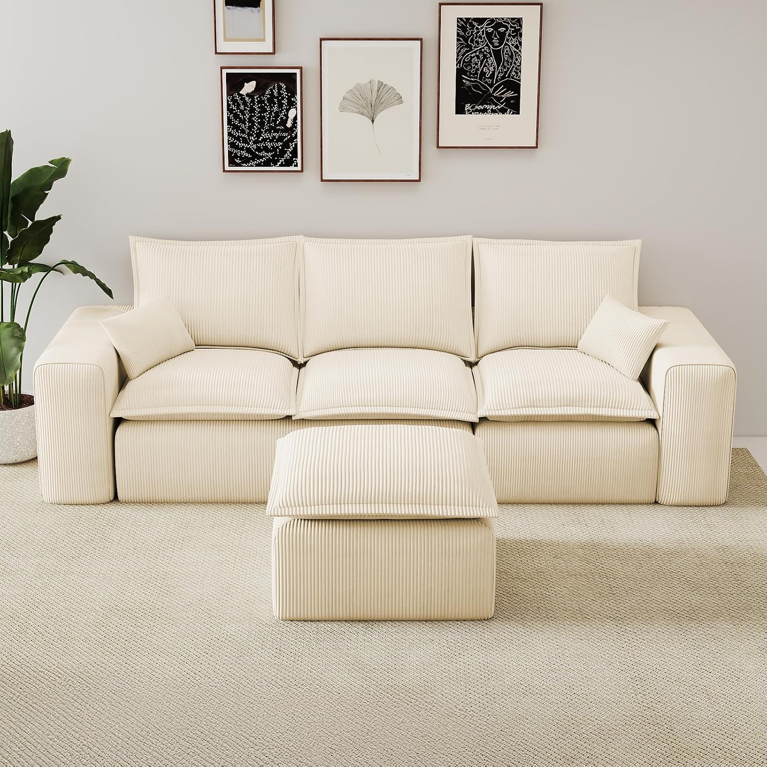 Beige Corduroy Pouf for Modular Sectional Sofa, Matching Accessory for Living Room, Bedroom and Apartment