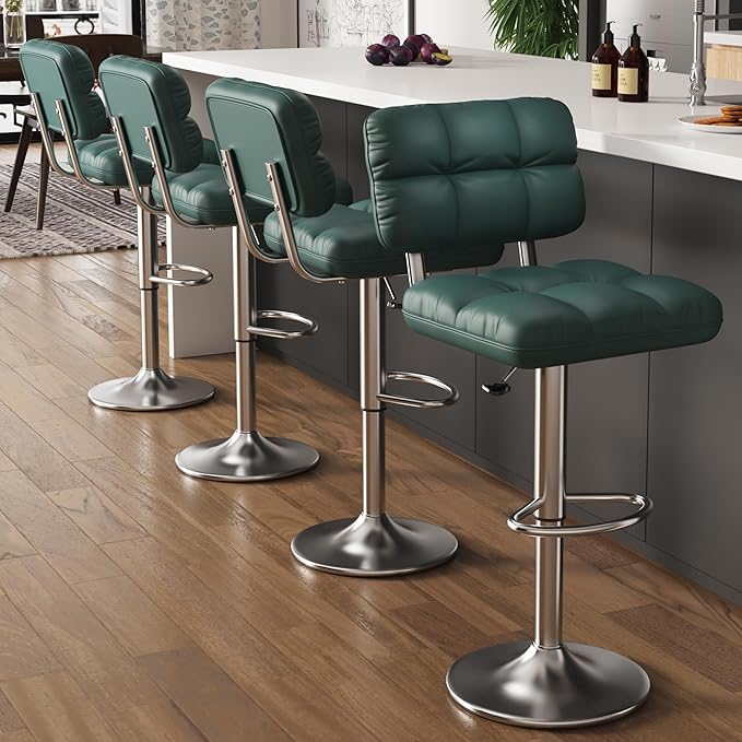 Bar Stools Set of 2 Upholstered Adjustable Counter Height Swivel Bar Stools Island Chairs with Back for Bar Kitchen Dining Room, Green