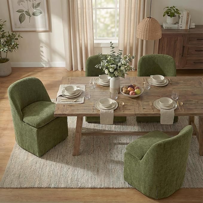 Upholstered Dining Chairs with Casters, Washable Cover Modern Dining Room Chairs with Thick Cushion & Sturdy Metal Frame for Kitchen, Living Room, Dressing Room, Green Fabric, Set of 4