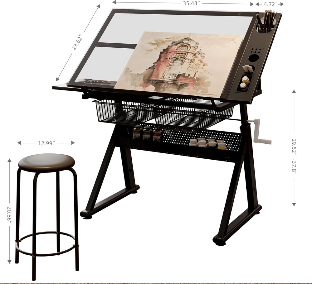 Hand Crank Lifting Drawing Table Black Tempered Glass Metal Workstation, 0-70...