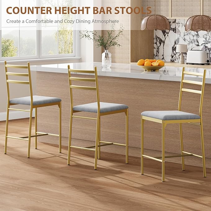 GarveeHome Bar Stools Set of 4, Counter Height Bar Chairs with Back and Thick Cushion, Upholstered Dining Chairs with Padded Seat, Barstools for Kitchen Island, Bar, Dining Room, Retro Gold
