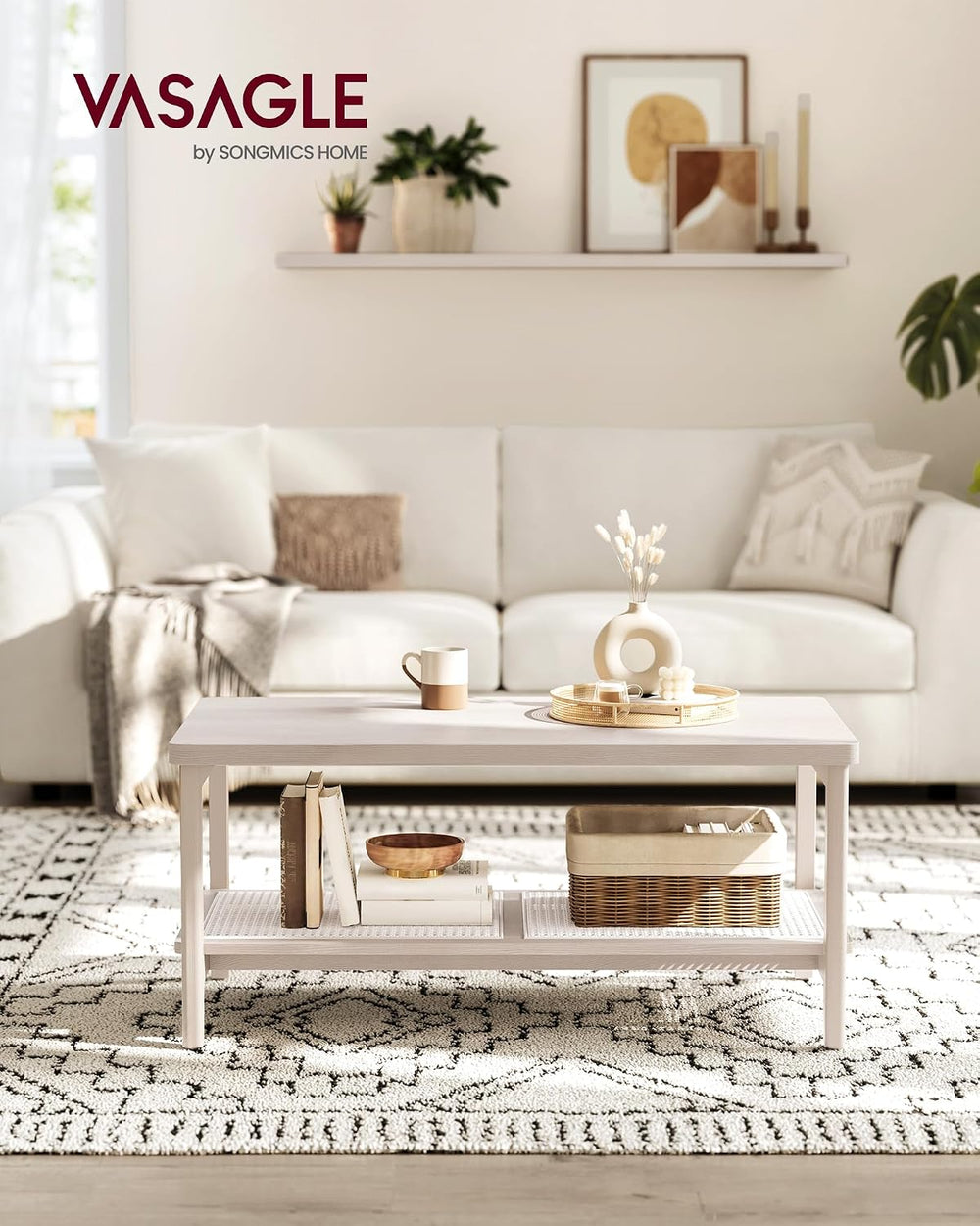 VASAGLE 2-Tier Coffee Table, Rectangular, PE Rattan Shelf, Rounded Corners