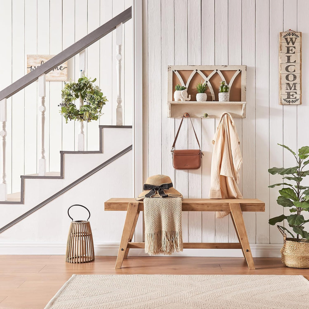 HOKYHOKY Farmhouse Solid Wood Entryway Bench – 43.4 Inches Rustic Long Bench,...
