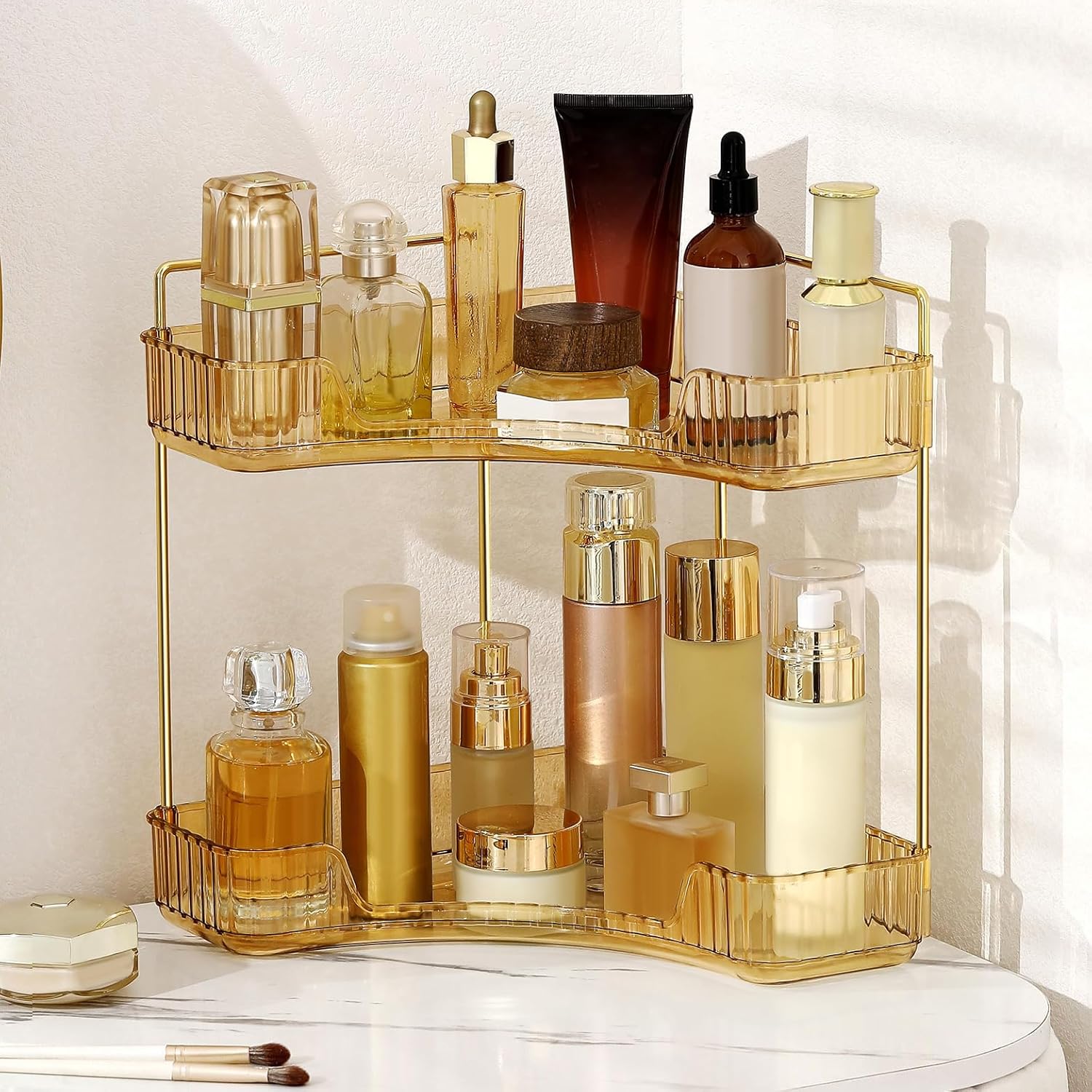 YCIA&DONE Corner Bathroom Counter Organizer, Makeup Organizer for Vanity, Skincare Cosmetic Perfume Tray, Corner Countertop Shelf Rack Storage for Bathroom Kitchen 2 Tiers (Amber Gold)