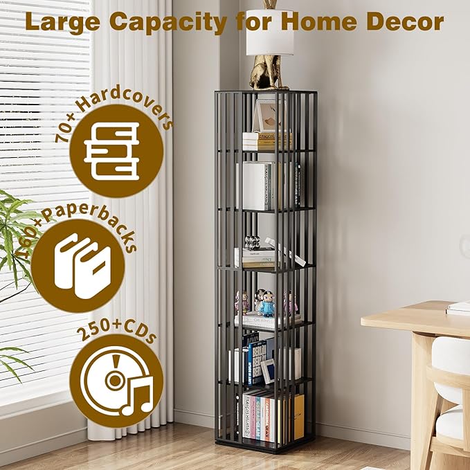 6 Tier Rotating Bookshelf, 360° Spinning Narrow Bookcase Tower, Space Saving Floor Standing Wood Shelf & CD Organizer for Small Spaces, Bedroom, Living Room, Office (Black, 6-Tier)