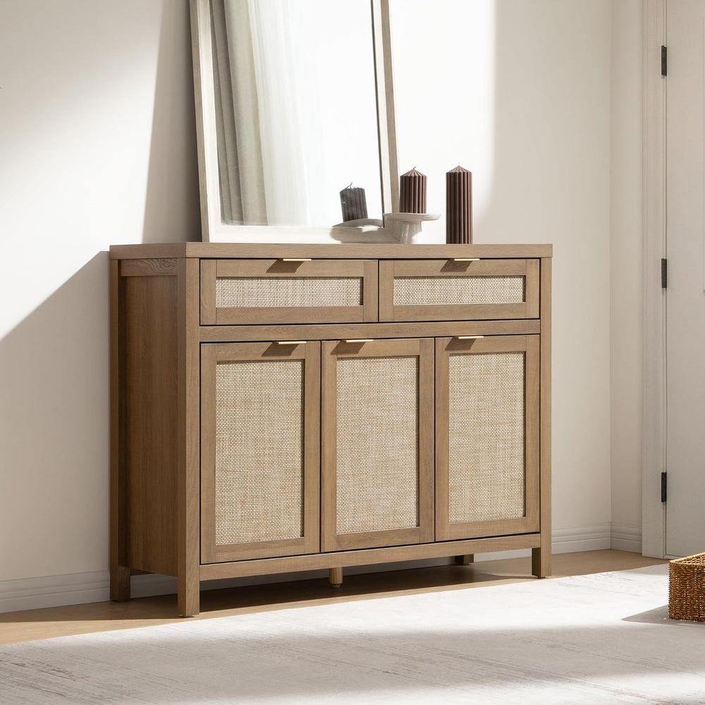 SICOTAS Rattan Sideboard Buffet Cabinet with Storage, Boho Credenza Accent Ca...