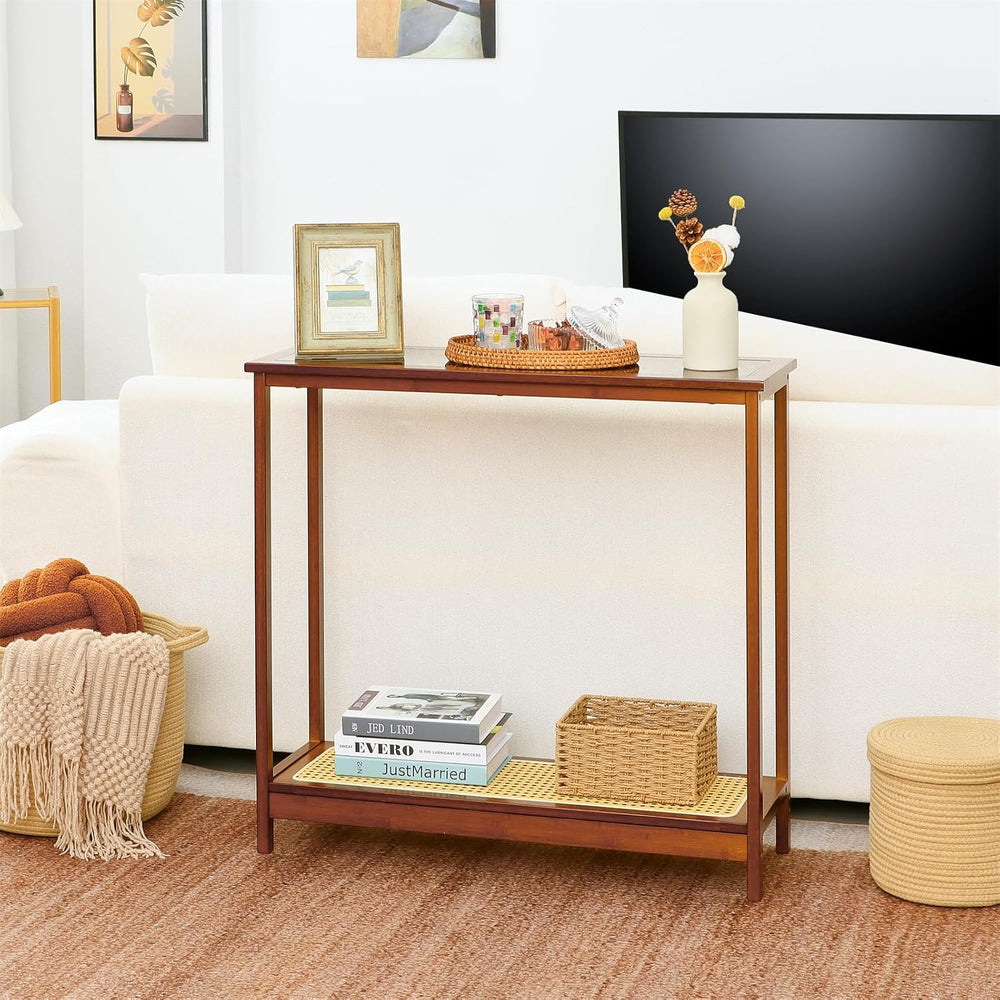 Bamboo Narrow Console Table, 31.5"(L) Wood Small Entryway Table with Rat...