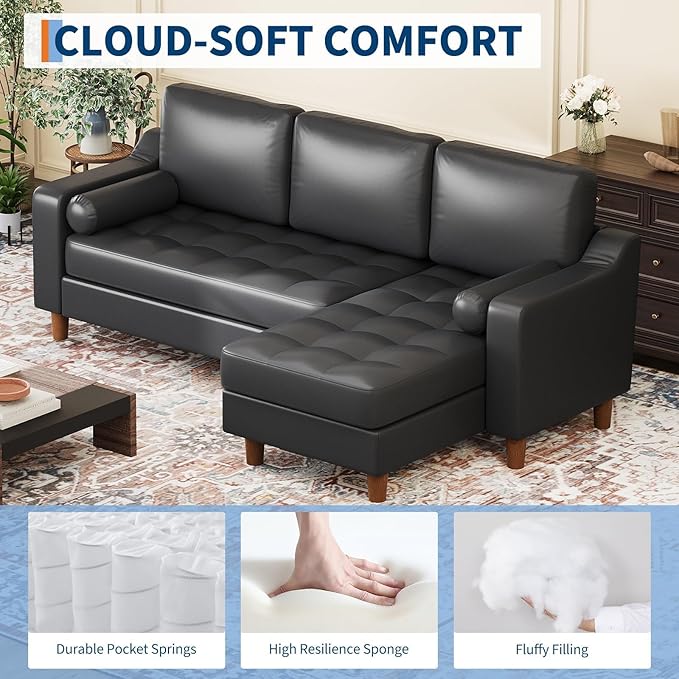 GarveeHome 88.9" L-Shape Couch with Convertible Chaise, Sectional Sofa with Deep Seat, Modern Mid-Century Leather Sofa for Living Room, 3 Seat Comfy Leather Couch, Black