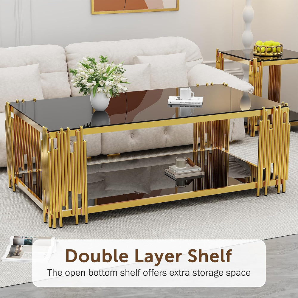 Glass Coffee Table Set of 3, End Table Modern Living Room Table Rectangle Cle...