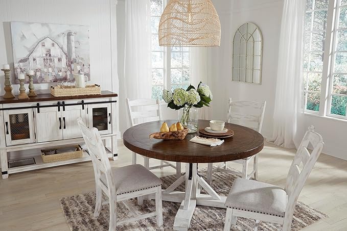 Signature Design by Ashley Valebeck Farmhouse Cushioned Dining Chair, 2 Count, Nailhead Trim, Fabric Upholstery, Solid Wood, 39" Seat Height, Whitewash