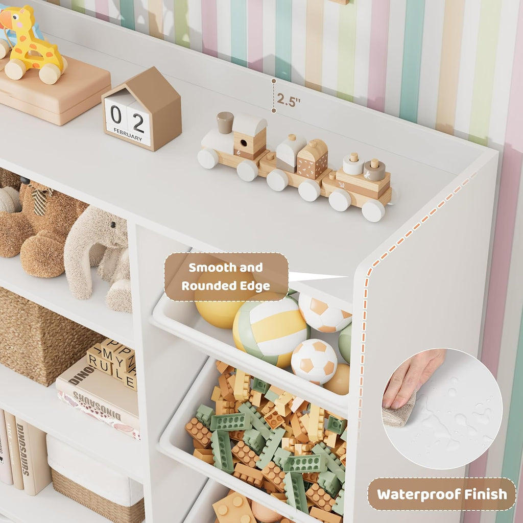 HITHOS 55" W Kids Toy Storage Organizer, Large Toy Box with Bookshelf, Toy Chest with 3 Cubes Storage Organizer, 6 Toy Organizers and Storage Bins, 4 Rolling Drawers for Kids Room, Playroom, White
