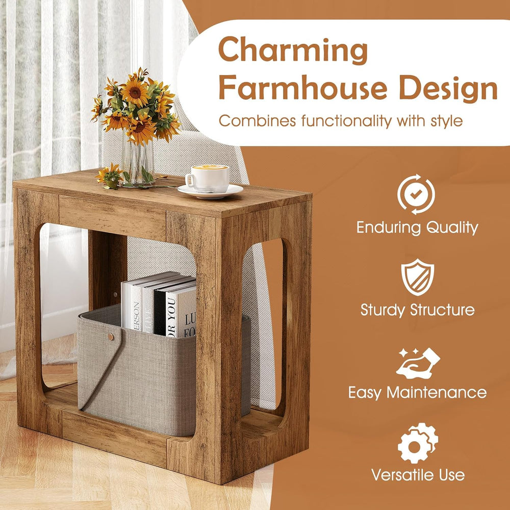 GOFLAME Narrow End Table, Farmhouse Wood Sofa Side Table 2-Tier with Storage ...
