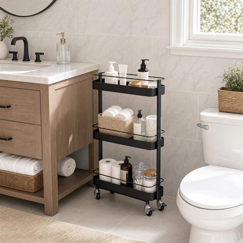 Narrow 3 Tier Rolling Cart, Slim Storage Cart for Bathroom Kitchen