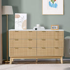 VEVOR Fluted 6 Drawer Dresser, 54" Wide Chest of Drawers with Faux Marble Top, Modern Dresser TV Stand, Wooden Closet Clothes Storage Organizer for Bedroom, Living Room, Hallway, Entryway, Natural Oak