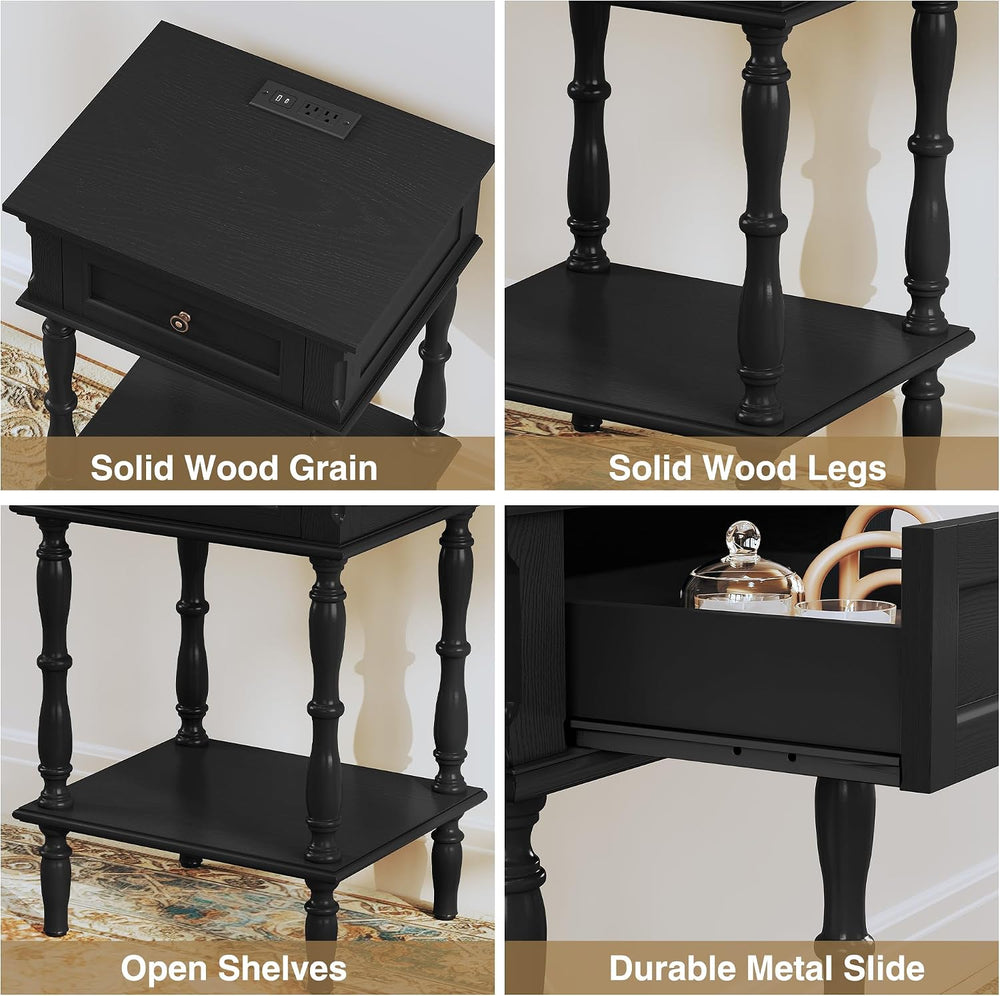 ARTPOWER Nightstands Set of 2 with Charging Station & Storage Shelf, Blac...
