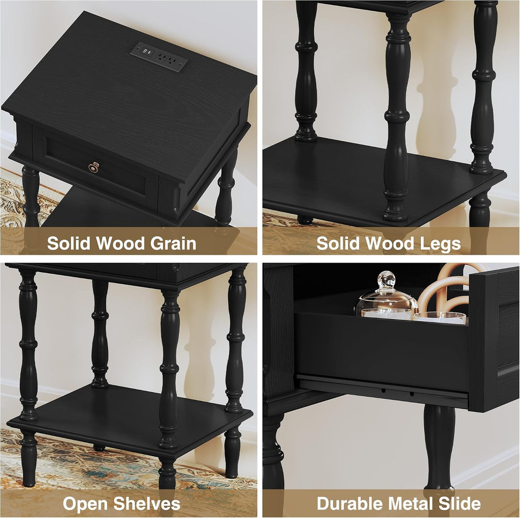 ARTPOWER Nightstands Set of 2 with Charging Station & Storage Shelf, Black | Small Retro Wood Beside Table for Bedroom, Living Room, Tree-Veneer, Minimal Assembly