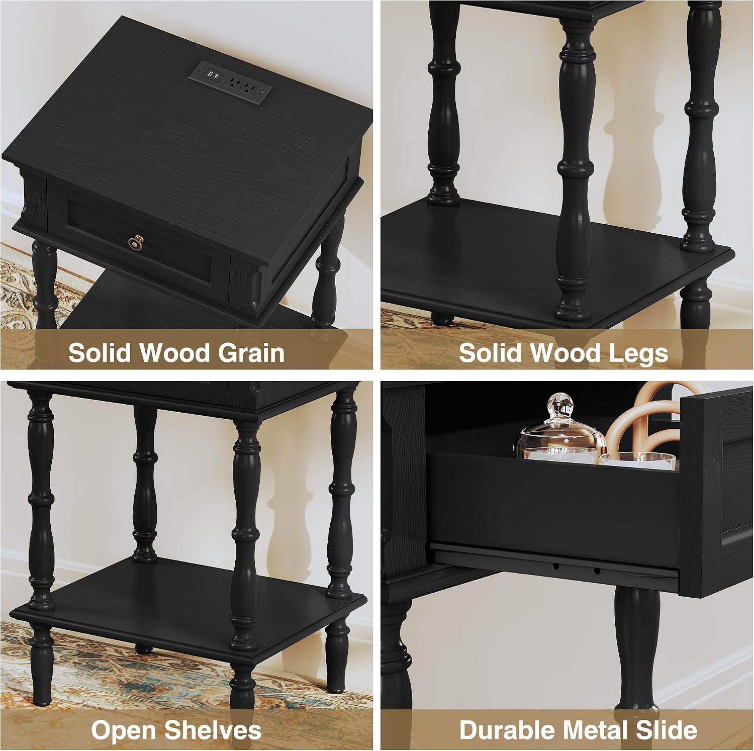 ARTPOWER Nightstands Set of 2 with Charging Station & Storage Shelf, Black | Small Retro Wood Beside Table for Bedroom, Living Room, Tree-Veneer, Minimal Assembly