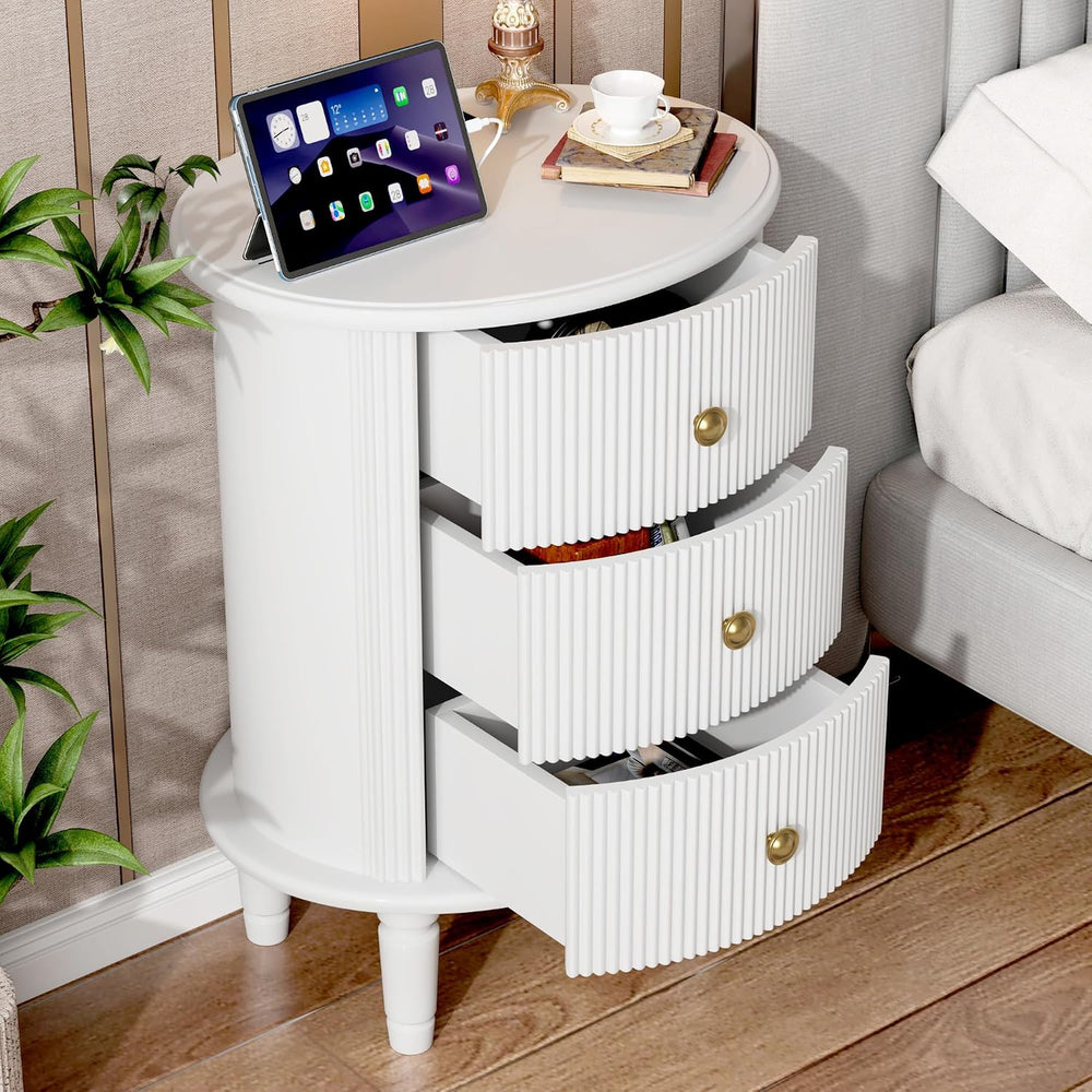 Round End Table with Charging Station, Wood Side Table with Storage for Small...